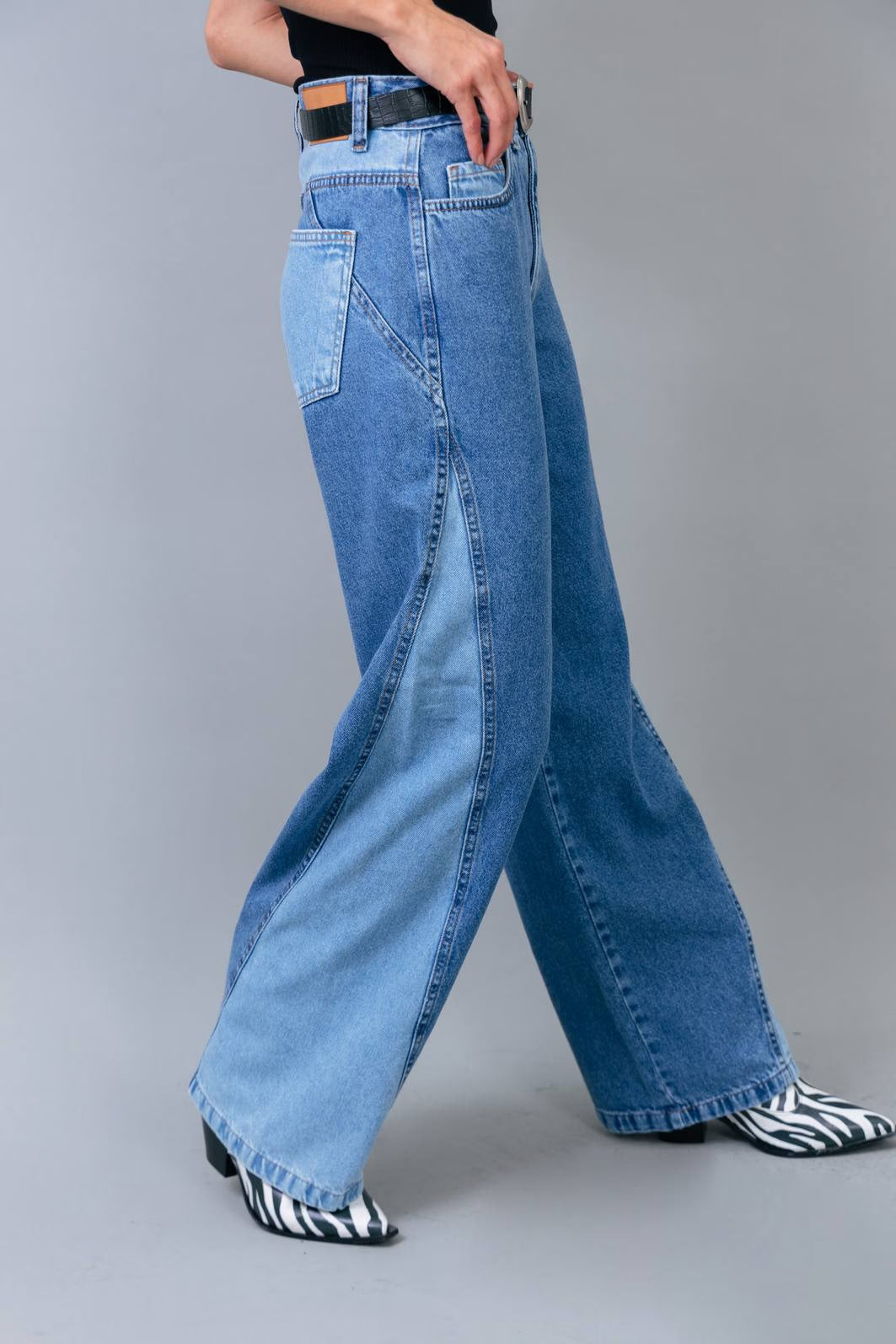 CALÇA JEANS WIDE BICOLOR