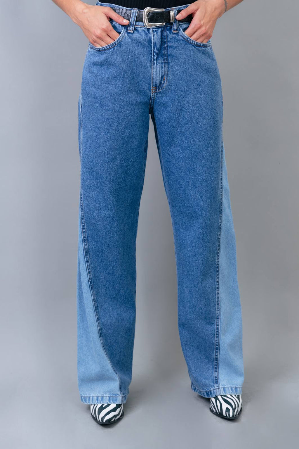 CALÇA JEANS WIDE BICOLOR